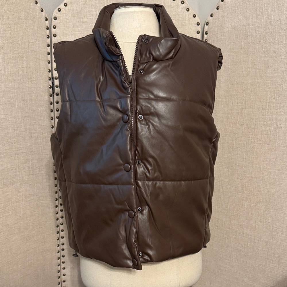 Faux Brown Leather Puffer Vest